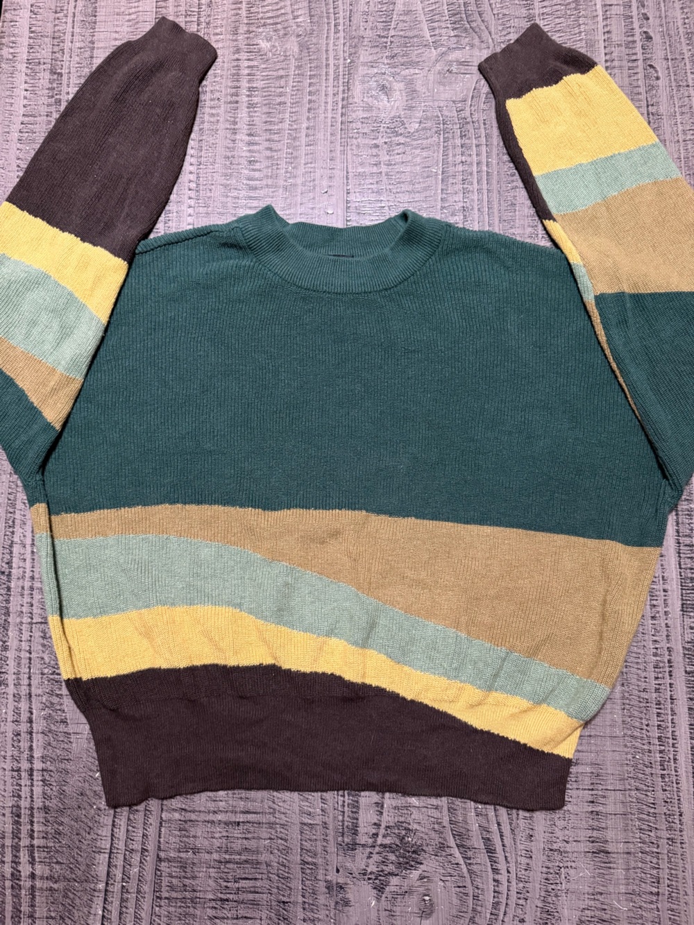 Prana Desert Road Crewneck Sweater with Mustard, Mint, Tan, and Brown Stripes